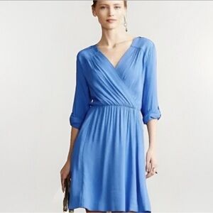 Anthropologie Maeve Women’s Small Blue Wrap Dress Zip Pockets Roll Tab Sleeve